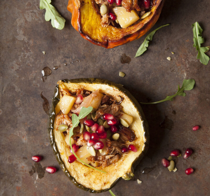 Braised Apples and Veal served in Acorn Squash Cups with Pepitas