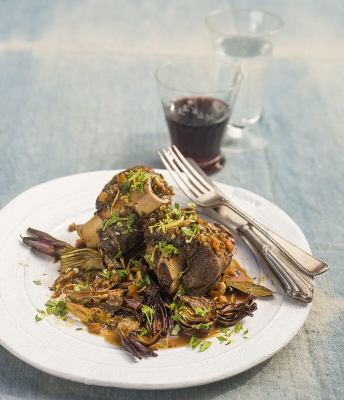 BRAISED LAMB SHANKS WITH CRISPED ARTICHOKES AND GREMOLATA