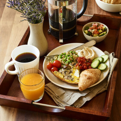 frittata, freekah breakfast tray