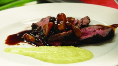 Brined Steak for Two with Fennel Puree and Apricot and Raisin Compote
