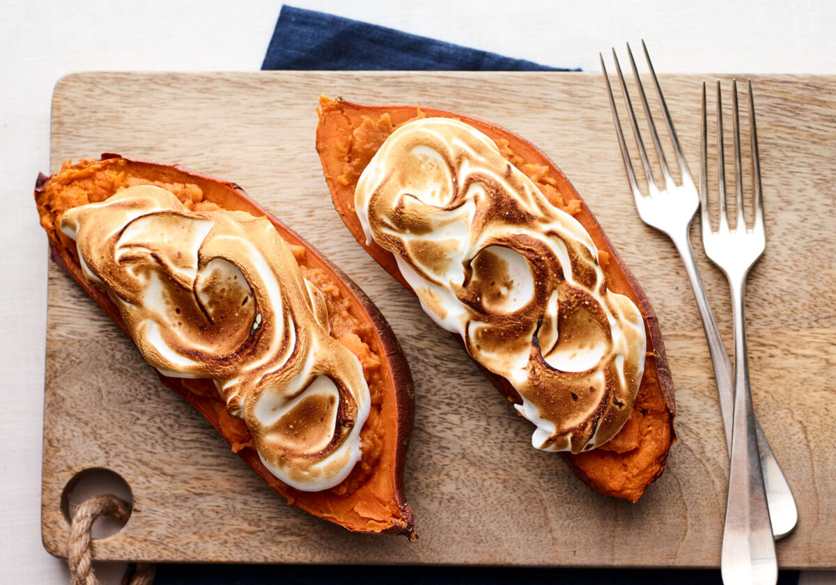 Double Stuffed Baked Sweet Potatoes with Br&ucirc;l&eacute;ed Marshmallow