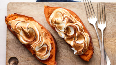 Double Stuffed Baked Sweet Potatoes with Br&ucirc;l&eacute;ed Marshmallow