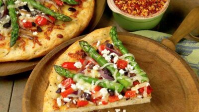California Asparagus Pizza with Red Bell Pepper, Olive and Feta Cheese