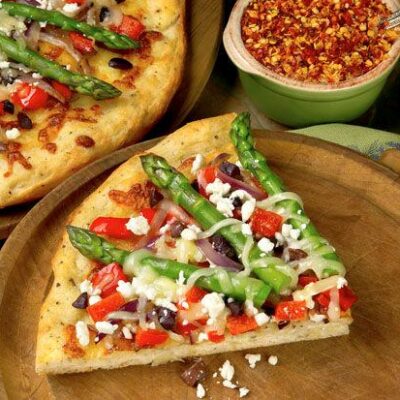 California Asparagus Pizza with Red Bell Pepper, Olive and Feta Cheese