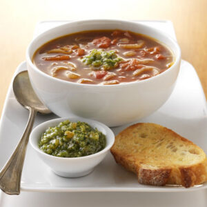 Caramelized Onion Soup with Golden Raisin Pesto