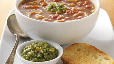 Caramelized Onion Soup with Golden Raisin Pesto