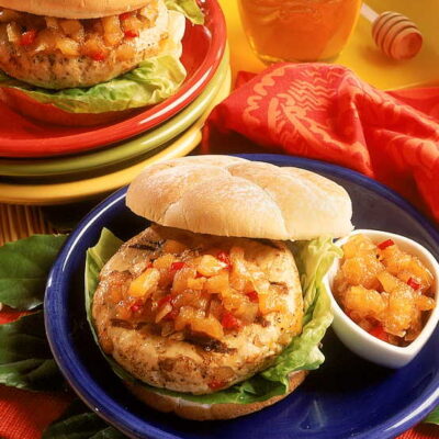 Caribbean Turkey Burgers with Honey Pineapple Chutney
