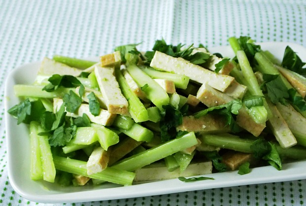 celery and tofu salad with scallion oil