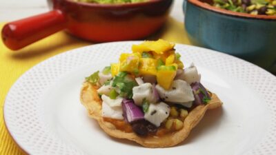 ceviche taco with black bean and corn salsa