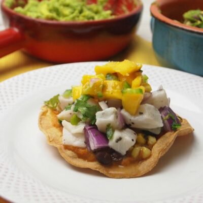 ceviche taco with black bean and corn salsa