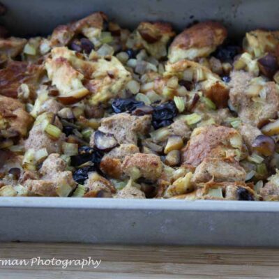 Challah and Whole Wheat Bread Stuffing with Cherries and Chestnuts