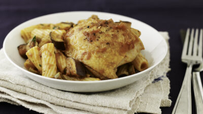 Chicken Thighs with Eggplant and Olives over Pasta