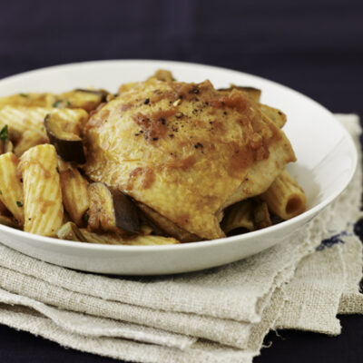 Chicken Thighs with Eggplant and Olives over Pasta