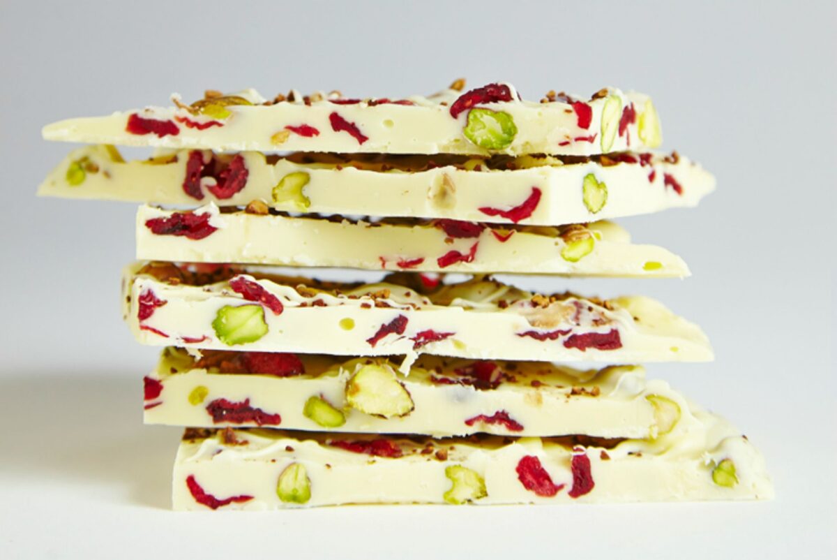 White Chocolate, PIstachio, Cranberry, and Coffee Bark