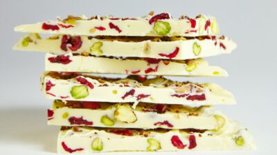 White Chocolate, PIstachio, Cranberry, and Coffee Bark