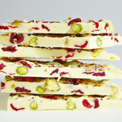 White Chocolate, PIstachio, Cranberry, and Coffee Bark