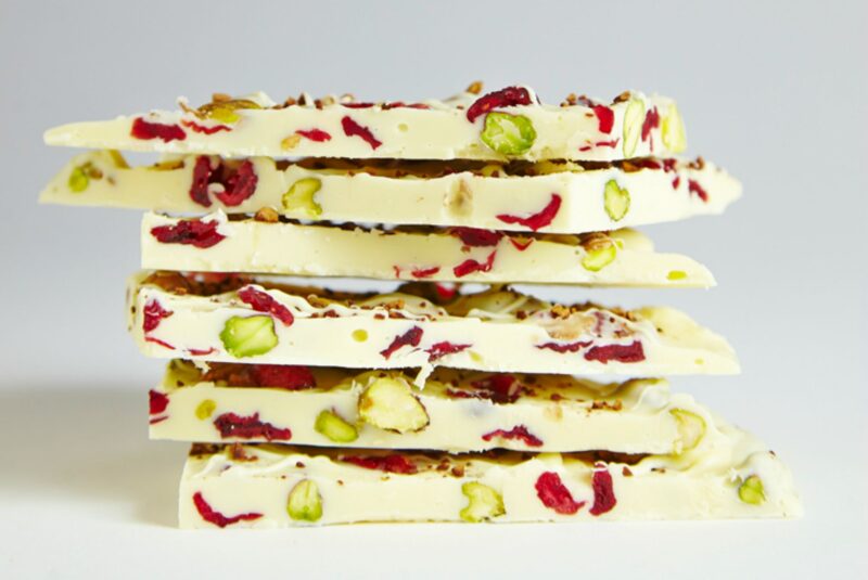 White Chocolate, PIstachio, Cranberry, and Coffee Bark