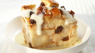 Cinnamon Raisin Bread Pudding with Vanilla Pudding Sauce