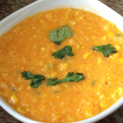 Corn Chowder with Sweet Potatoes and Bourbon Flambe