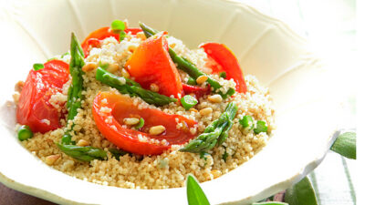 couscous salad with baked tomatoes and asparagus