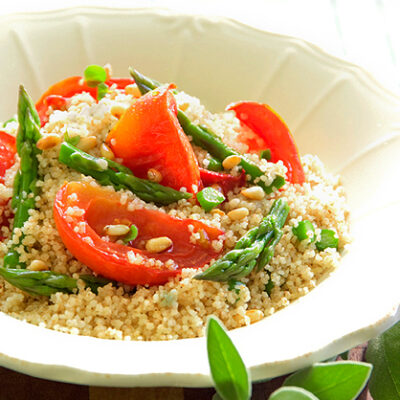 couscous salad with baked tomatoes and asparagus