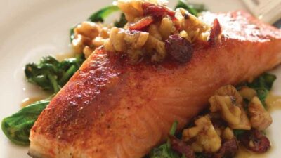 cranberry walnut salmon on a bed of spinach (99)