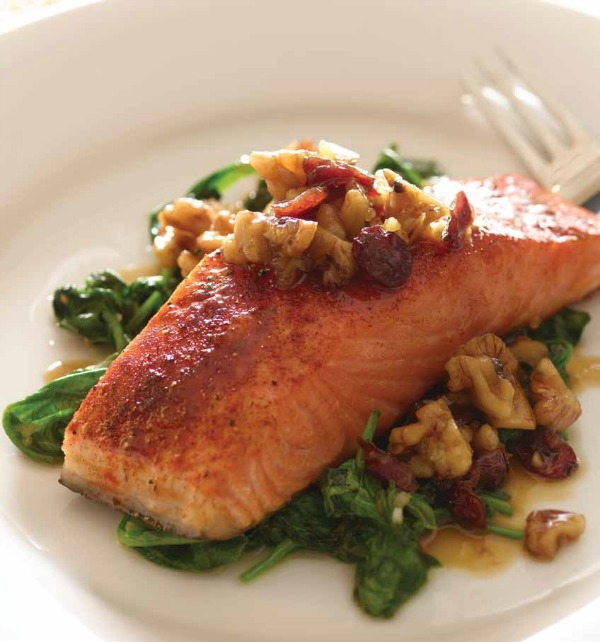 cranberry walnut salmon on a bed of spinach (99)