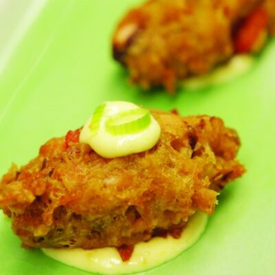 Curried Smoked Salmon Fritters with Mango Aioli