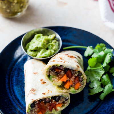 Mexican Quinoa and Black Bean Wraps with Green Chili Guacamole