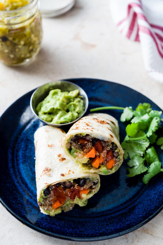 Mexican Quinoa and Black Bean Wraps with Green Chili Guacamole