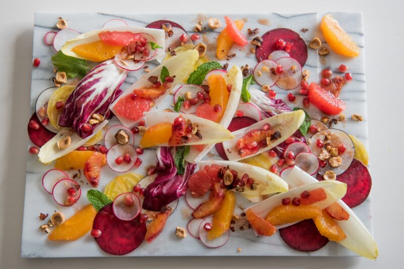 Endive Salad with Beets, Radishes, Citrus and Toasted Cinnamon Hazelnuts