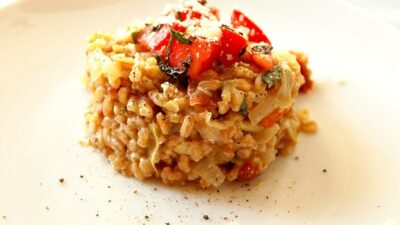 artichoke and sun dried tomato farroto risotto