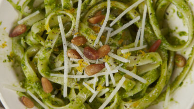 Fettuccini with Baby Arugula pesto and meyer lemon