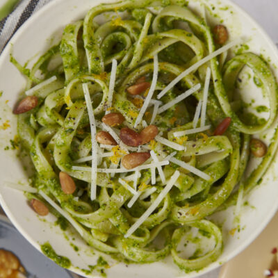 Fettuccini with Baby Arugula pesto and meyer lemon