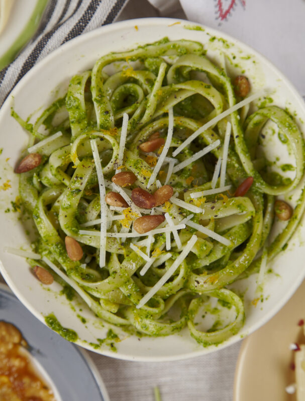 Fettuccini with Baby Arugula pesto and meyer lemon