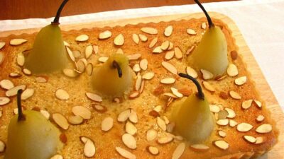 Frangipane Tart with Amaretto Honey Poached Pears