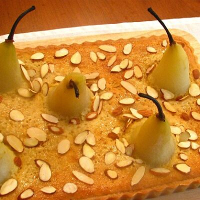 Frangipane Tart with Amaretto Honey Poached Pears