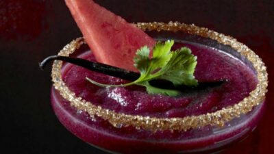 Frozen Watermelon Blackberry Margaritas with Cilantro and Vanilla