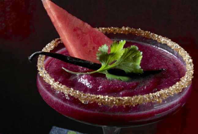Frozen Watermelon Blackberry Margaritas with Cilantro and Vanilla