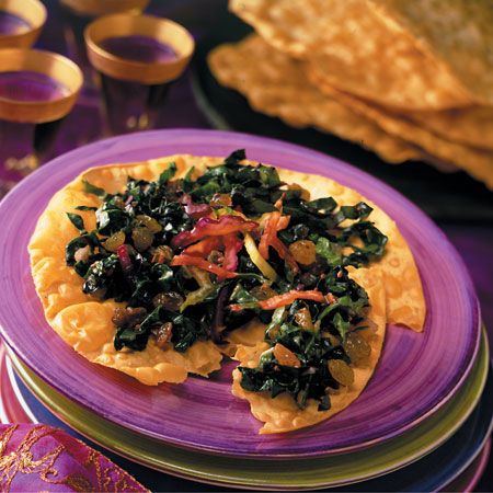 Garlic-California Raisin Wilted Greens on Pappadum (Saag Pappadum)