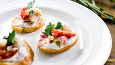 Greek Salad Crostini with Mediterranean Herb Dip (or Tzaziki)