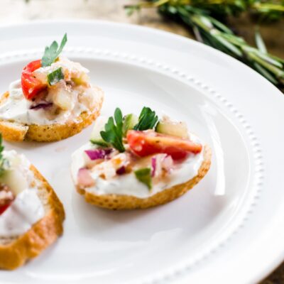 Greek Salad Crostini with Mediterranean Herb Dip (or Tzaziki)