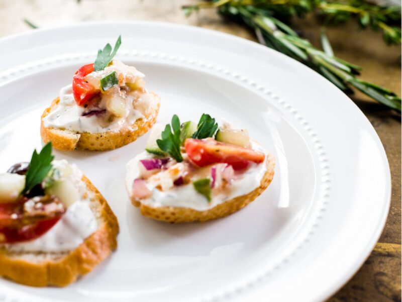 Greek Salad Crostini with Mediterranean Herb Dip (or Tzaziki)