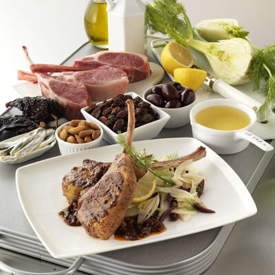 Grilled Lamb Chops, Red Salsa with California Raisins (Salsa de Pasitas Rojas) and Fennel Salad