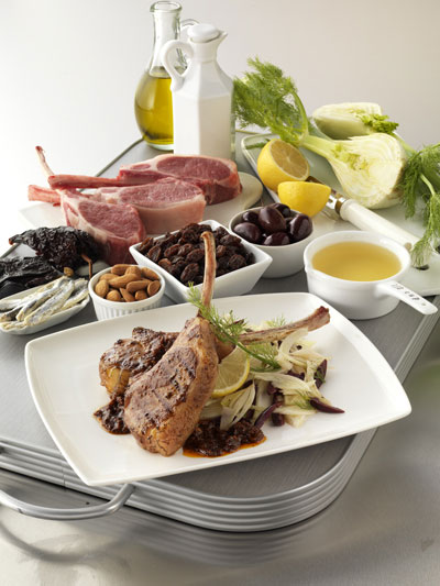 Grilled Lamb Chops, Red Salsa with California Raisins (Salsa de Pasitas Rojas) and Fennel Salad