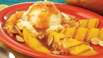 Grilled Mango with Spicy Rum Glaze and Vanilla Ice Cream
