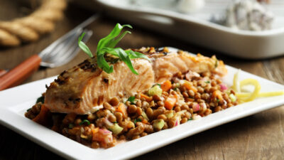 Grilled Salmon over Lentil Salad with Walnut Vinaigrette