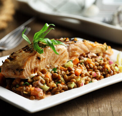 Grilled Salmon over Lentil Salad with Walnut Vinaigrette