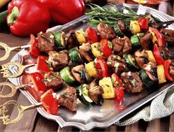 Grilled Turkey, Portabella Mushrooms and Vegetable Kebabs