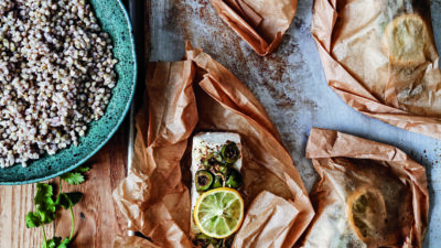 Halibut Pockets with Spiced Olive Tapenade and Kasha
